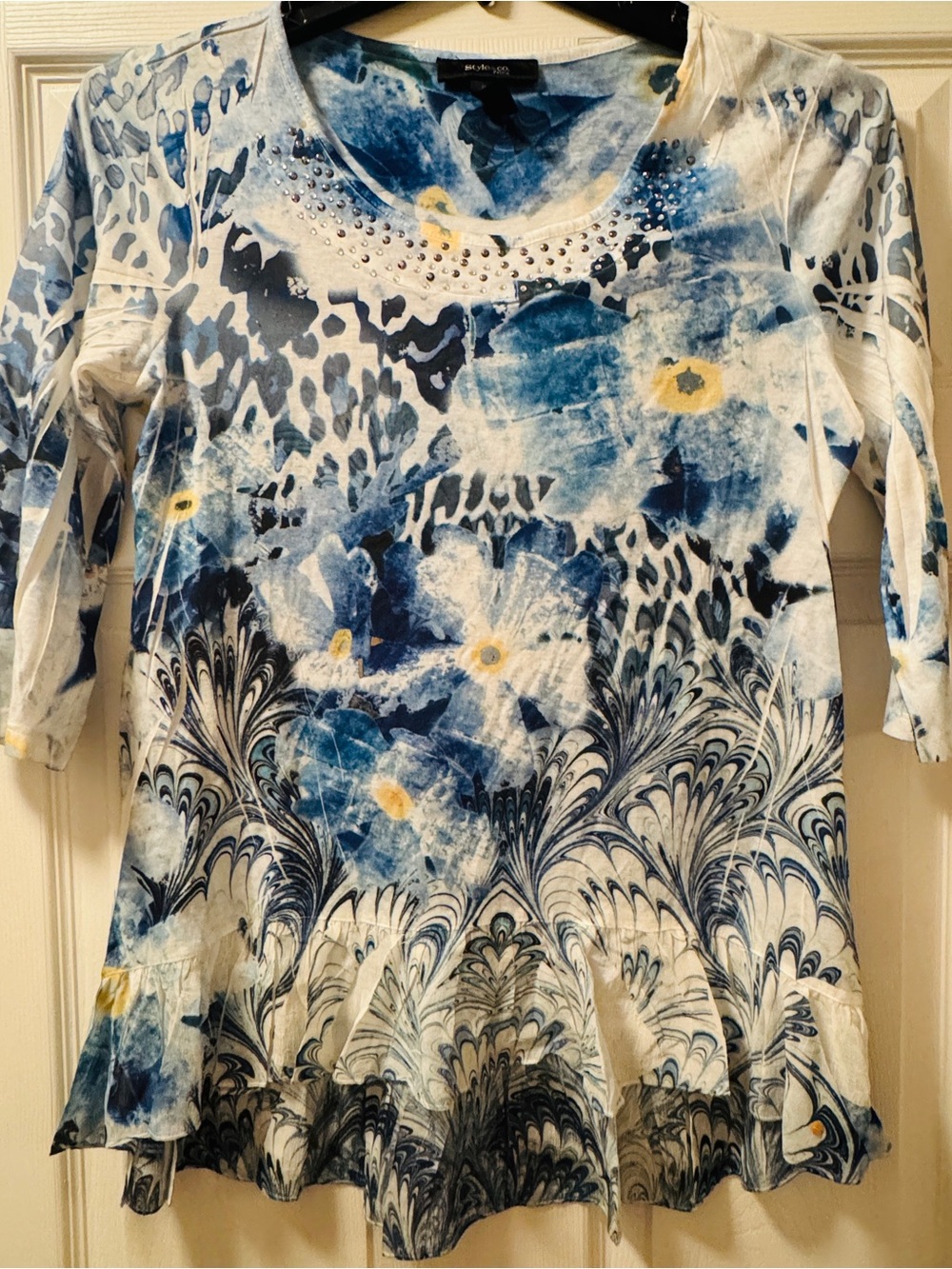 Style & Co. Blue and White Floral Abstract Scoop Neck Top with Rhinestones